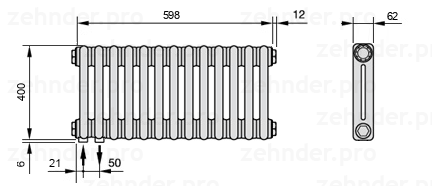 Схема (чертеж) Радиатор Zehnder Charleston 2040/13 №3370 Белый глянцевый RAL 9016